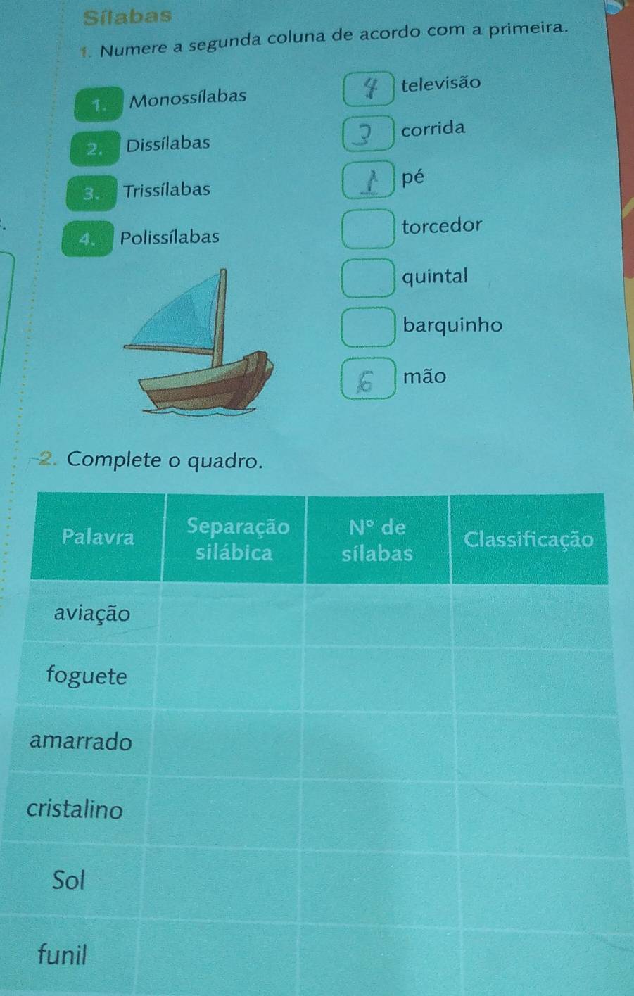 Sílabas
Numere a segunda coluna de acordo com a primeira.
Monossílabas televisão
2. Dissílabas corrida
pé
3 Trissílabas
A Polissílabas torcedor
quintal
barquinho
mão
2. Complete o quadro.