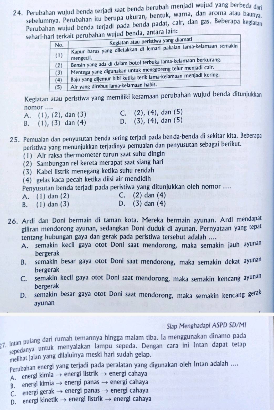 Perubahan wujud benda terjadi saat benda berubah menjadi wujud yang berbeda dari
sebelumnya. Perubahan itu berupa ukuran, bentuk, warna, dan aroma atau baunya.
Perubahan wujud benda terjadi pada benda padat, cair, dan gas. Beberapa kegiatan
seantara lain:
Kegiatan atau peristiwa yang memiliki kesamaan perubahan wujud benda ditunjukkan
nomor ....
A. (1), (2), dan (3) C. (2), (4), dan (5)
D.
B. (1), (3) dan (4) (3), (4), dan (5)
25. Pemuaian dan penyusutan benda sering terjadi pada benda-benda di sekitar kita. Beberapa
peristiwa yang menunjukkan terjadinya pemuaian dan penyusutan sebagai berikut.
(1) Air raksa thermometer turun saat suhu dingin
(2) Sambungan rel kereta merapat saat siang hari
(3) Kabel listrik menegang ketika suhu rendah
(4) gelas kaca pecah ketika diisi air mendidih
Penyusutan benda terjadi pada peristiwa yang ditunjukkan oleh nomor ....
A. (1) dan (2) C. (2) dan (4)
B. (1) dan (3) D. (3) dan (4)
26. Ardi dan Doni bermain di taman kota. Mereka bermain ayunan. Ardi mendapat
giliran mendorong ayunan, sedangkan Doni duduk di ayunan. Pernyataan yang tepat
tentang hubungan gaya dan gerak pada peristiwa tersebut adalah ....
A. semakin kecil gaya otot Doni saat mendorong, maka semakin jauh ayunan
bergerak
B. semakin besar gaya otot Doni saat mendorong, maka semakin dekat ayunan
bergerak
C. semakin kecil gaya otot Doni saat mendorong, maka semakin kencang ayunan
bergerak
D. semakin besar gaya otot Doni saat mendorong, maka semakin kencang gerak
ayunan
Siap Menghadapi ASPD SD/MI
27. Intan pulang dari rumah temannya hingga malam tiba. Ia menggunakan dinamo pada
sepedanya untuk menyalakan lampu sepeda. Dengan cara ini Intan dapat tetap
melihat jalan yang dilaluinya meski hari sudah gelap.
Perubahan energi yang terjadi pada peralatan yang digunakan oleh Intan adalah ....
A. energi kimia → energi listrik → energi cahaya
B. energi kimia → energi panas → energi cahaya
C. energi gerak → energi panas → energi cahaya
D. energi kinetik → energi listrik → energi cahaya