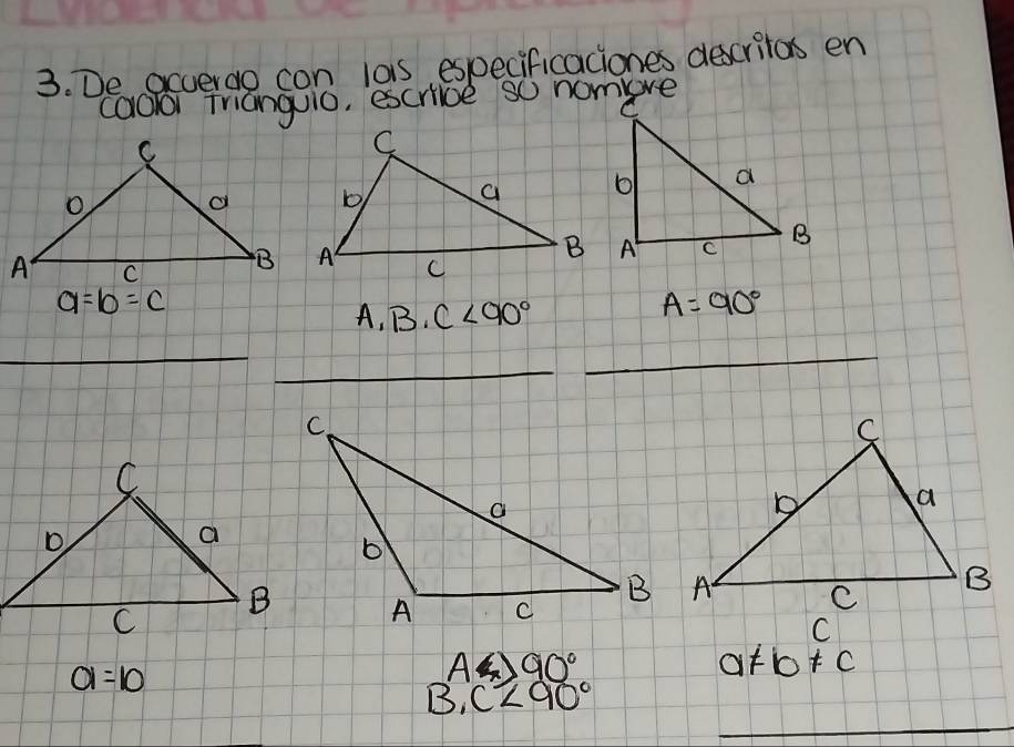 De acverao con los especificaciones descritos en 
caolor Trianguio, escrice so nomre
a=b=c
A,B,C<90°
A=90°
_ 
_ 
_ 
_ 
_
a=10
A4990°
a!= b!= c
_ 
B. C<90°