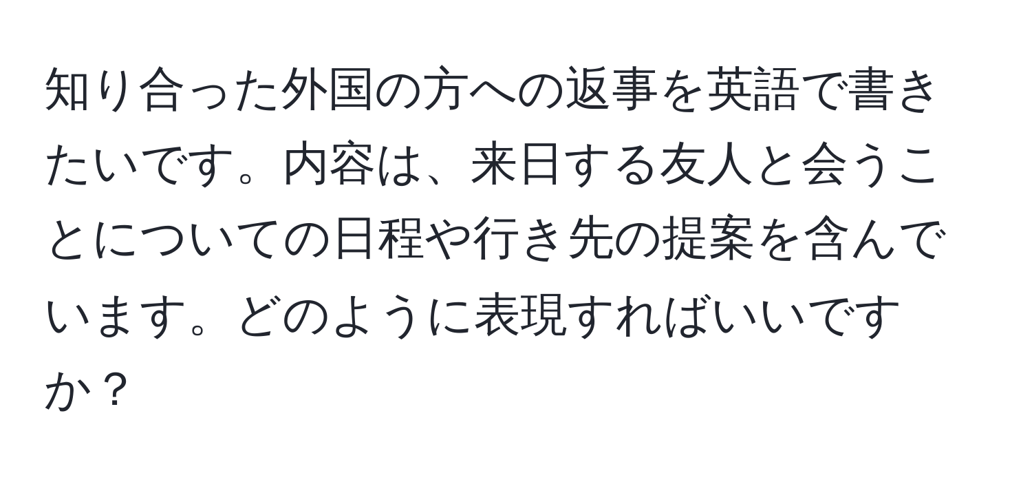 知り合った外国の方への返事を英語で書きたいです。内容は、来日する友人と会うことについての日程や行き先の提案を含んでいます。どのように表現すればいいですか？