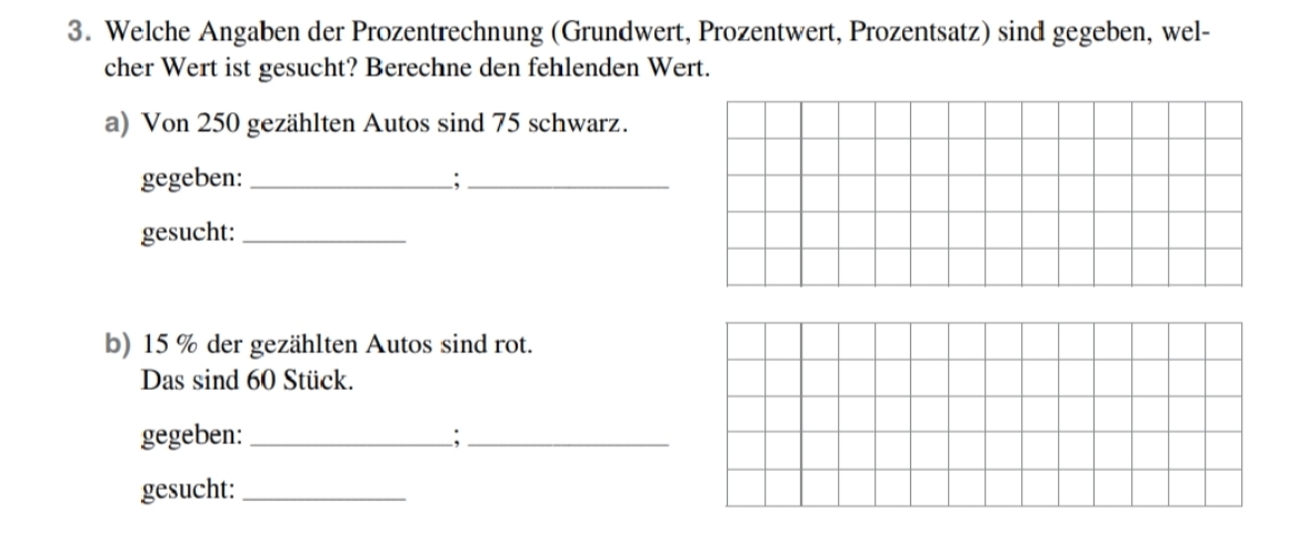 Welche Angaben der Prozentrechnung (Grundwert, Prozentwert, Prozentsatz) sind gegeben, wel- 
cher Wert ist gesucht? Berechne den fehlenden Wert. 
a) Von 250 gezählten Autos sind 75 schwarz. 
gegeben: _;_ 
gesucht:_ 
b) 15 % der gezählten Autos sind rot. 
Das sind 60 Stück. 
gegeben: _:_ 
gesucht:_