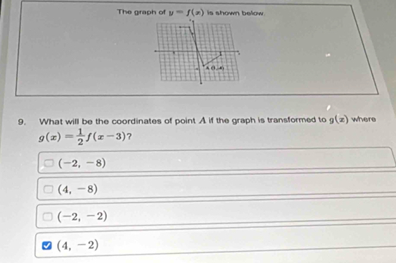 The graph of y=f(x) is shown below 
9. What will be the coordinates of point A if the graph is transformed to g(x) where
g(x)= 1/2 f(x-3) ?
(-2,-8)
(4,-8)
(-2,-2)
(4,-2)