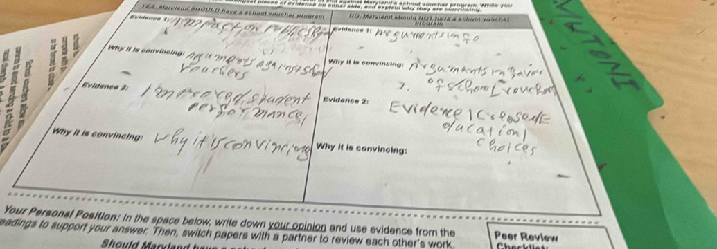 YEA. Marviand SHOULD have a school voucher prouram NO. Maryland ahould nCt have a achoo yousher 
Evidenca 1 
évidenés 1 
B Why it is convincing: 
Why it is convinsing: 

Evidence 2: 
Evidence 2: 
Why it is convincing: Why it is convincing: 
Your Personal Position: In the space below, write down your opinion and use evidence from the Peer Review 
eadings to support your answer. Then, switch papers with a partner to review each other's work Checklist 
Should Marvland