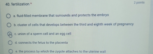 fertilization * 2 points
a. fluid-filled membrane that surrounds and protects the embryo
b. cluster of cells that develops between the third and eighth week of pregnancy
T c. union of a sperm cell and an egg cell
d. connects the fetus to the placenta
e. the process by which the zygote attaches to the uterine wall