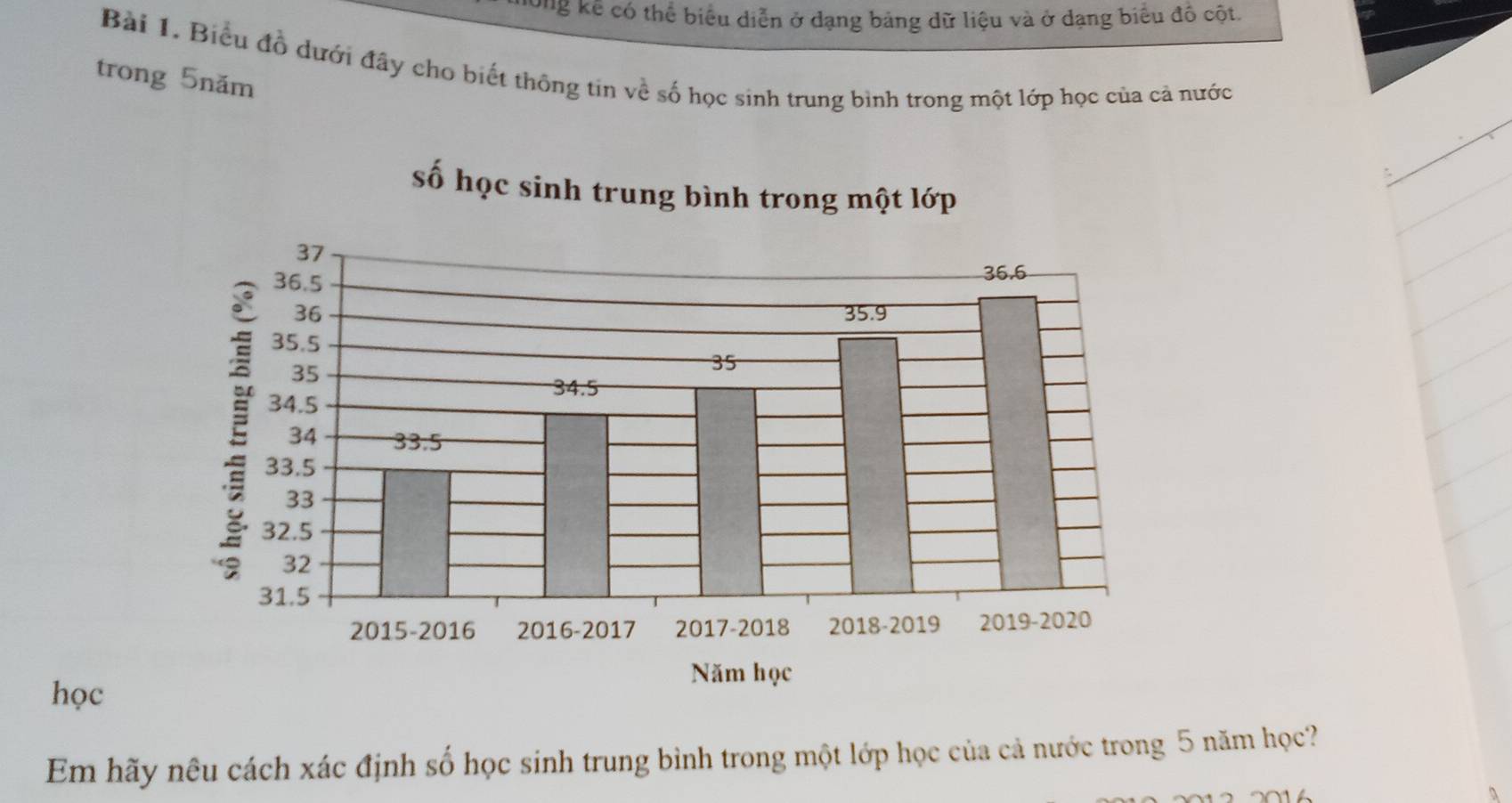 Tong kể có thể biểu diễn ở dạng bảng dữ liệu và ở dạng biểu đồ cột. 
Bài 1. Biểu đồ dưới đây cho biết thông tin về số học sinh trung bình trong một lớp học của cả nước 
trong 5năm
học 
Em hãy nêu cách xác định số học sinh trung bình trong một lớp học của cả nước trong 5 năm học?