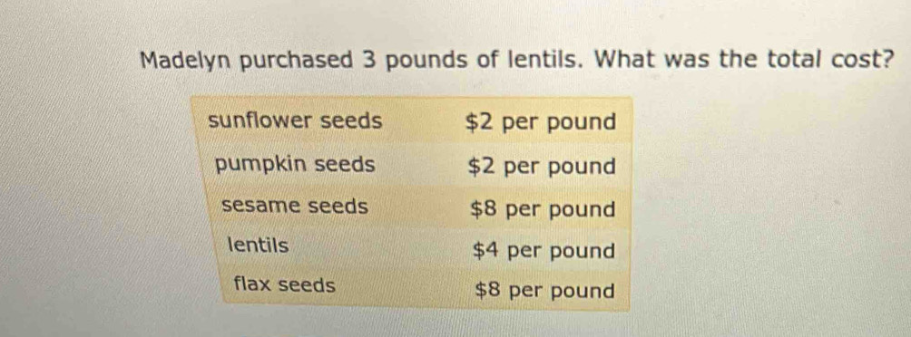 Madelyn purchased 3 pounds of lentils. What was the total cost?