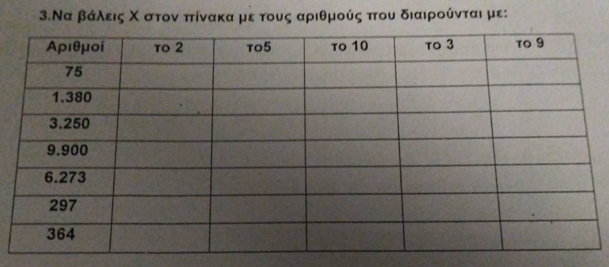 3. Να βάλεις Χ στον ππίνακα με τους αριθμούς πτου διαιρούνται με: