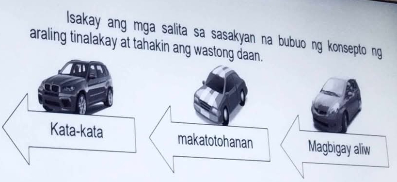 Isakay ang mga salita sa sasakyan na bubuo ng konsepto ng 
araling tinalakay at tahakin ang wastong daan. 
Kata-kata makatotohanan Magbigay aliw