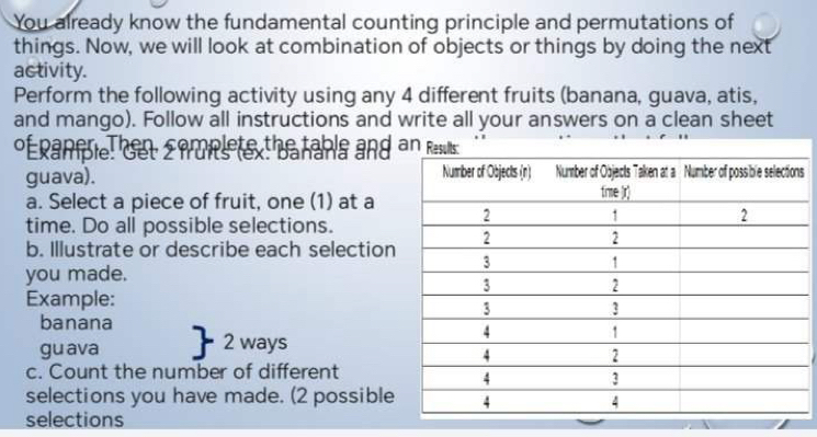 You already know the fundamental counting principle and permutations of 
things. Now, we will look at combination of objects or things by doing the next 
activity. 
Perform the following activity using any 4 different fruits (banana, guava, atis, 
and mango). Follow all instructions and write all your answers on a clean sheet 
*Éranfpiel det chruni text batahls and 
guava). s 
a. Select a piece of fruit, one (1) at a 
time. Do all possible selections. 
b. Illustrate or describe each selection 
you made. 
Example: 
banana 
gu ava 2 ways 
c. Count the number of different 
selections you have made. (2 possible 
selections