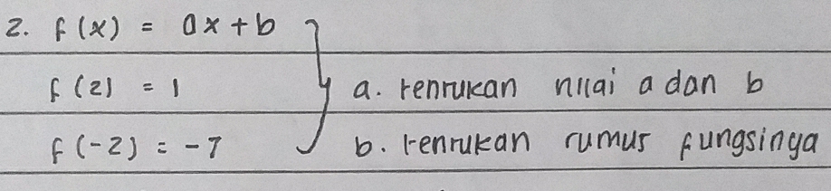 f(x)=ax+b
f(z)=1 2sqrt(5) a. renrulan nilai a dan b
f(-2)=-7 b. renrukan rumus fungsinga