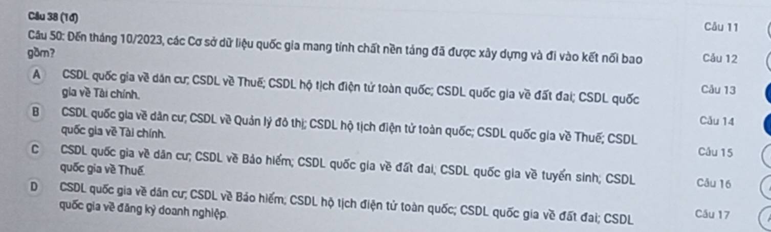 (1đ) Câu 11
Câu 50: Đến tháng 10/2023, các Cơ sở dữ liệu quốc gia mang tính chất nền táng đã được xây dựng và đi vào kết nối bao
gồm? Cảu 12
ACSDL quốc gia về dân cư; CSDL về Thuế; CSDL hộ tịch điện tử toàn quốc; CSDL quốc gia về đất đai; CSDL quốc
gia về Tài chính, Câu 13
Cău 14
BCSDL quốc gia về dân cư; CSDL về Quản lý đô thị; CSDL hộ tịch điện tử toàn quốc; CSDL quốc gia về Thuế; CSDL
quốc gia về Tài chính.
Câu 15
C CSDL quốc gia về dân cư; CSDL về Bảo hiểm; CSDL quốc gia về đất đai; CSDL quốc gia về tuyển sinh; CSDL
quốc gia về Thuế
Câu 16
DCSDL quốc gia về dân cư; CSDL về Bảo hiểm, CSDL hộ tịch điện tử toàn quốc; CSDL quốc gia về đất đai; CSDL Cầu 17
quốc gia về đăng kỳ doanh nghiệp