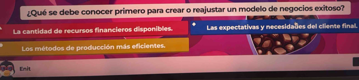 ¿Qué se debe conocer primero para crear o reajustar un modelo de negocios exitoso?
La cantidad de recursos financieros disponibles. Las expectativas y necesidades del cliente final.
Los métodos de producción más eficientes.
Enit