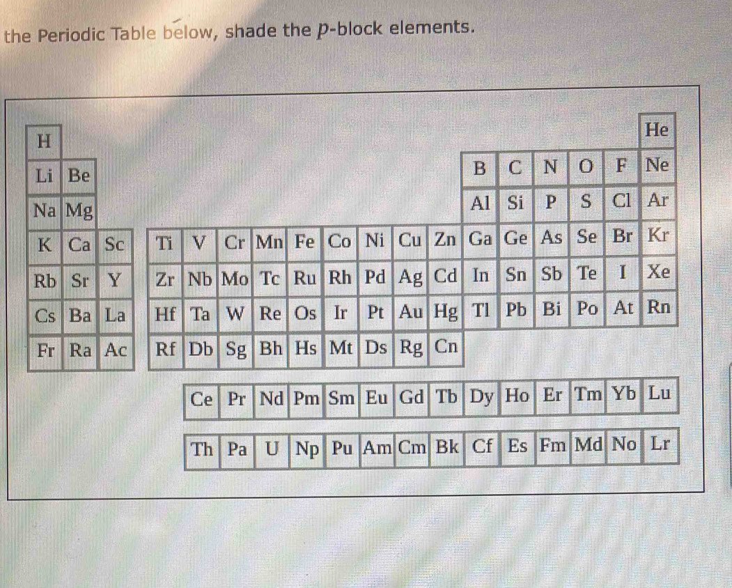 Solved: the Periodic Table below, shade the p -block elements. [Chemistry]