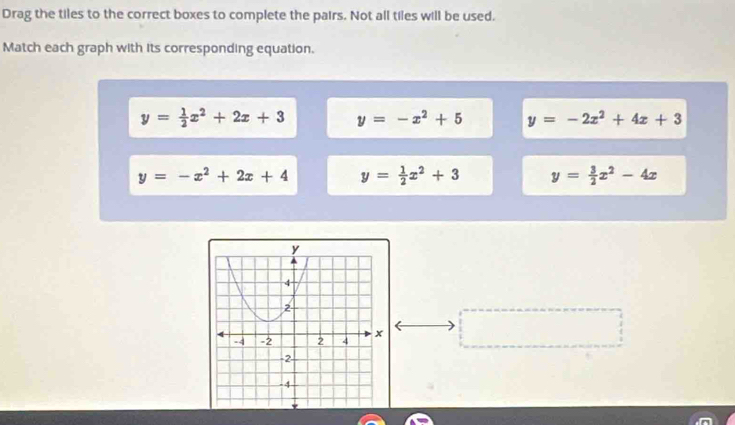 Drag the tiles to the correct boxes to complete the pairs. Not all tiles will be used.
Match each graph with its corresponding equation.
y= 1/2 x^2+2x+3 y=-x^2+5 y=-2x^2+4x+3
y=-x^2+2x+4 y= 1/2 x^2+3 y= 3/2 x^2-4x
□ 