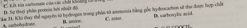 Kết tủa carbonate của các chất khoản c
D. Sự thuỷ phân protein bởi nhiệt độ.
âu 31. Khi thay thể nguyên tử hydrogen trong phân tử ammonia bằng gốc hydrocarbon sẽ thu được hợp chất
A. carbohydrate. B. amine. C. ester. D. carboxylic acid.
1COOCH.