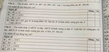 √ CD
Cầm 3, Cho tử diện ABCD có AB=AC,DB=DC
Các mệnh đề sau đúng h* . Gọi / là trung điểm của BC. Khi đô:
a  nC
B
4
8
o hình chóp S.ABCD có đây ABCD là hình vuỡng có tâm O. Cạnh bên SA vuông góc với
A S4
đây ABCD, H là hình chiếu vuỡng góc của A trên SO . Khi đó:
Các mệnh đề saáo [in 10.
h
s