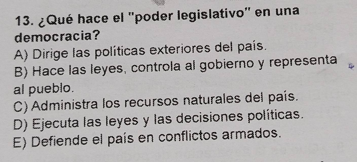 ¿Qué hace el ''poder legislativo'' en una
democracia?
A) Dirige las políticas exteriores del país.
B) Hace las leyes, controla al gobierno y representa
al pueblo.
C) Administra los recursos naturales del país.
D) Ejecuta las leyes y las decisiones políticas.
E) Defiende el país en conflictos armados.