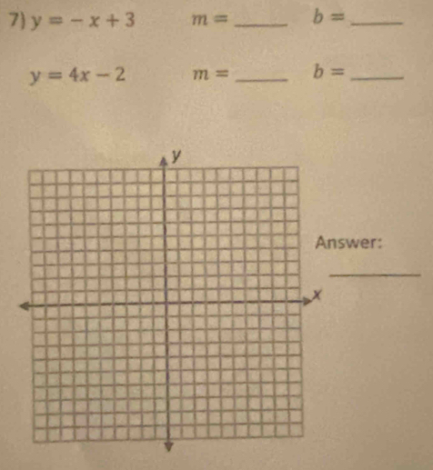 y=-x+3 m= _ b= _
y=4x-2 m= _ b= _ 
swer: 
_