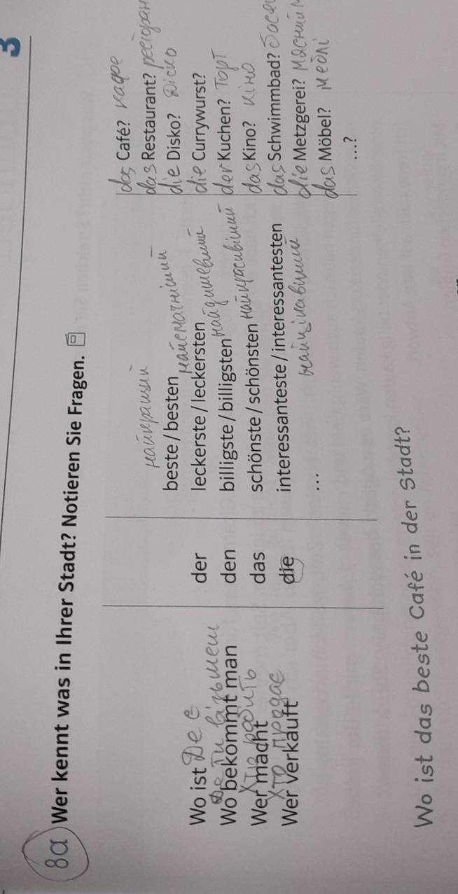 3 
8α )Wer kennt was in Ihrer Stadt? Notieren Sie Fragen. 
Café? 
§ Restaurant? 
beste / besten eDisko? 
Wo ist der leckerste / leckersten Currywurst? 
Wo bekommt man den billigste / billigsten Kuchen? 
Wer macht das schönste / schönsten Kino? 
Wer Verkäuft die interessanteste / interessantesten Schwimmbad? 
Metzgerei? 
… 
Möbel? 
..? 
Wo ist das beste Café in der Stadt?