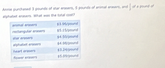 Annie purchased 3 pounds of star erasers, 5 pounds of animal erasers, and  1/2  of a pound of 
alphabet erasers. What was the total cost?