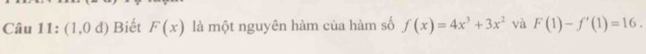 (1,0d) Biết F(x) là một nguyên hàm của hàm số f(x)=4x^3+3x^2 và F(1)-f'(1)=16.