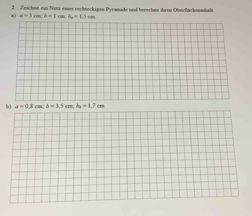 Zeichne ein Netz einer rechteckigen Pyramide und berechne ihren Oberflächeninhalt.
a) a=3cm; b=1cm; h_a=1.5cm
b) a=0,8cm; b=3.5cm; h_b=1,7cm