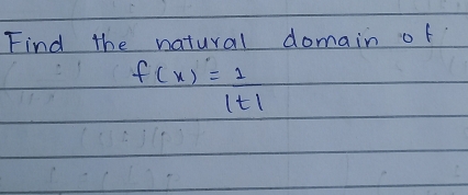 Find the natural domain of
f(x)= 1/|t| 