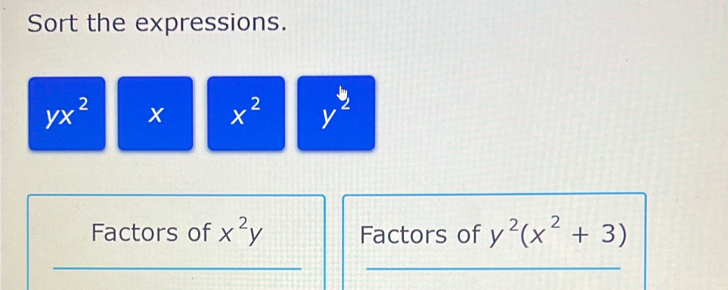 Sort the expressions.
yx^2 x x^2 y^2
Factors of x^2y Factors of y^2(x^2+3)
_ 
_ 
_