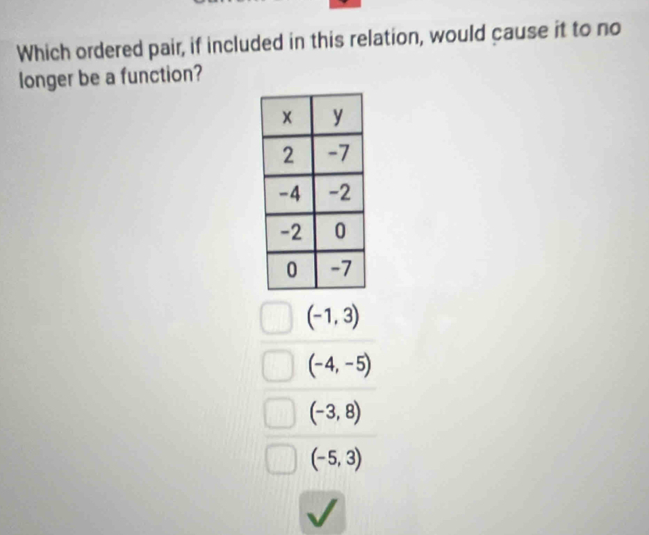 Which ordered pair, if included in this relation, would cause it to no
longer be a function?
(-1,3)
(-4,-5)
(-3,8)
(-5,3)