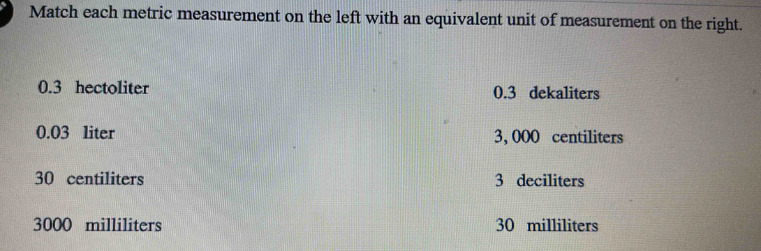 Match each metric measurement on the left with an equivalent unit of measurement on the right.
0.3 hectoliter 0.3 dekaliters
0.03 liter 3, 000 centiliters
30 centiliters 3 deciliters
3000 milliliters 30 milliliters