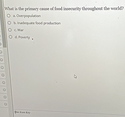 What is the primary cause of food insecurity throughout the world?
a. Overpopulation
b. Inadequate food production
c. War
d. Poverty
Icon Key