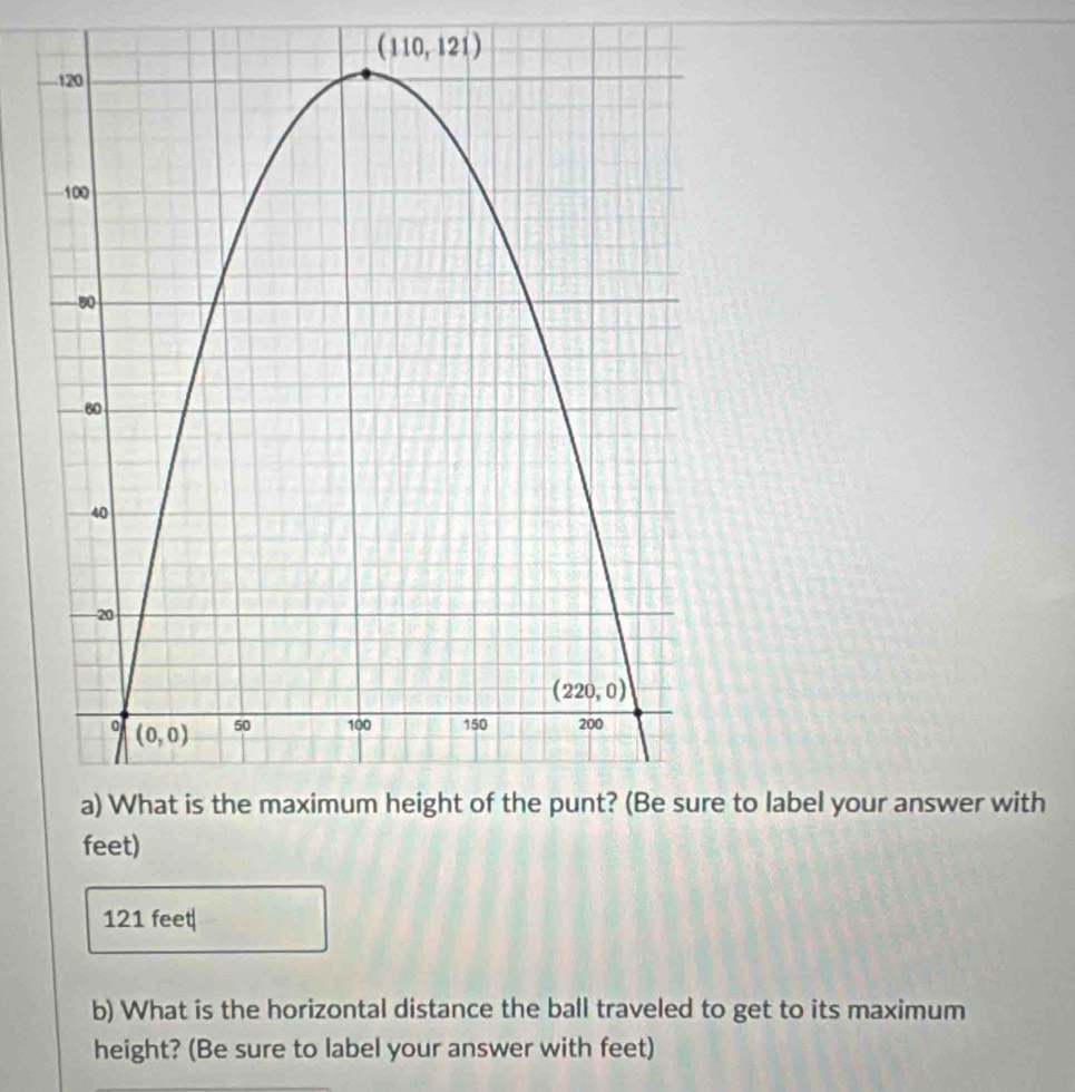 to label your answer with
feet)
121 feet
b) What is the horizontal distance the ball traveled to get to its maximum
height? (Be sure to label your answer with feet)