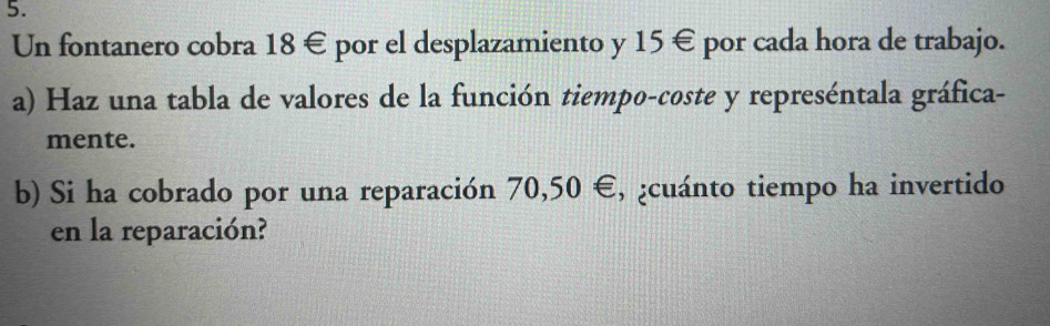 Solved: Un fontanero cobra 18 € por el desplazamiento y 15 € por cada ...