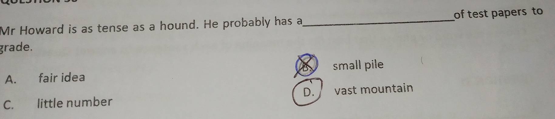 Mr Howard is as tense as a hound. He probably has a_ of test papers to
grade.
small pile
A. fair idea
D.
C. little number vast mountain