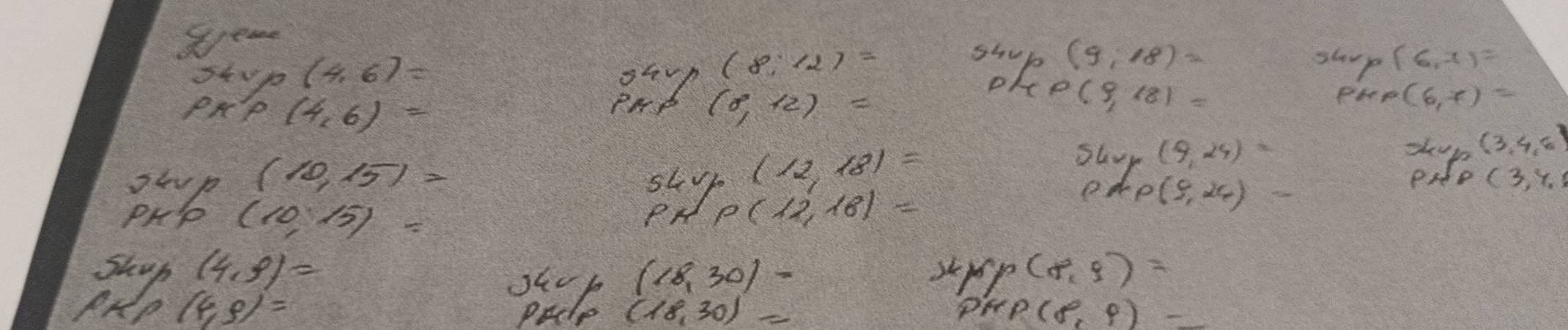 seae
3+vp(4,6)=
shup (9,18)=
(8,12)= ship (6,-1)=
P(4,6)=
(0,+2)=
P(9,18)=
(6,x)=
slovpo(12,18)=
shory(9,24)=
(3,4,6)
(10,15)= eate (3,4,
(10,15)=
P(12,18)=
p!= P(9,24)
Shup (4,9)= (18,30)= wp(8,q)=
pul 
PKD (4,9)= (18,30)= Per P(8,9)=