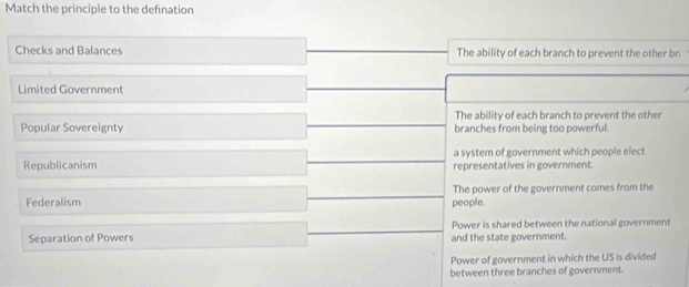 Match the principle to the defination
Checks and Balances The ability of each branch to prevent the other br
Limited Government
The ability of each branch to prevent the other
Popular Sovereignty branches from being too powerful.
a system of government which people elect
Republicanism representatives in government.
Federalism people. The power of the government comes from the
Separation of Powers and the state government. Power is shared between the national government
Power of government in which the US is divided
between three branches of government.