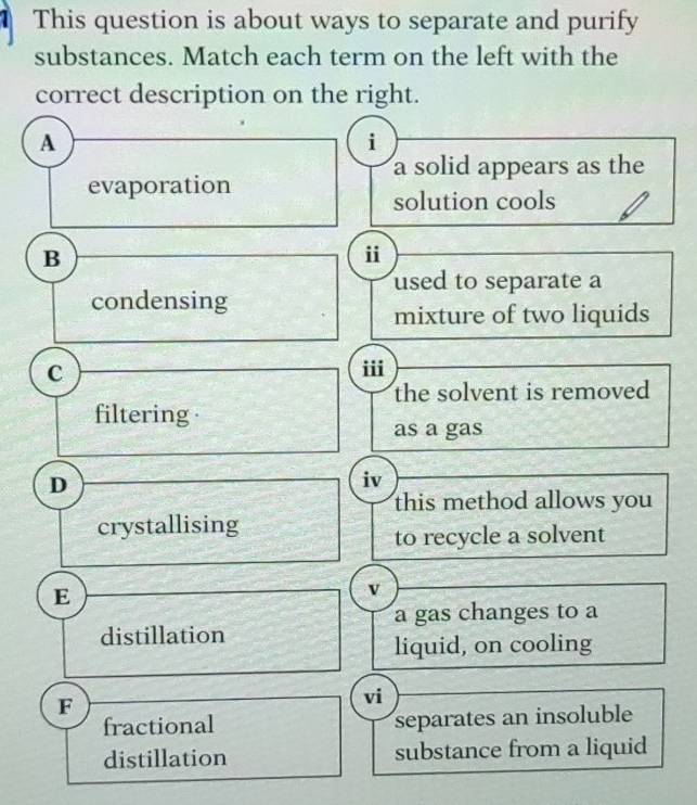 This question is about ways to separate and purify 
substances. Match each term on the left with the 
correct description on the right. 
A 
i 
a solid appears as the 
evaporation 
solution cools 
B 
i 
used to separate a 
condensing 
mixture of two liquids 
C 
ii 
the solvent is removed 
filtering 
as a gas 
D 
iv 
this method allows you 
crystallising 
to recycle a solvent 
E 
v 
a gas changes to a 
distillation 
liquid, on cooling 
F 
vi 
fractional separates an insoluble 
distillation substance from a liquid