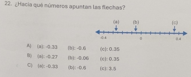 ¿Hacia qué números apuntan las flechas?
A) (a): -0.33 (b): -0.6 (c): 0.35
B) (a): -0.27 (b): -0.06 (c): 0.35
C) (a): -0.33 (b): -0.6 (c): 3.5