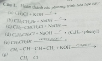 Cầu 1. Hoàn thành các phương trình hóa học sau: 
(a) CH_3Cl+KOHxrightarrow C
(b) CH_3CH_2Br+NaOHxrightarrow ?
(c) CH_2=CHCH_2Cl+NaOHto
(d) C_6H_5CH_2Cl+NaOHto (C_6H_5-:phenyl)
(e) CH_3CH_2Br_ +KOH· C_2H_3OH.r^+ to
CH,-CH-CH-CH_3+KOH-frac C_2H_4OH.x°
(g)
^.H_2Cl