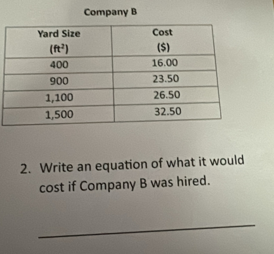 Company B
2. Write an equation of what it would
cost if Company B was hired.
_