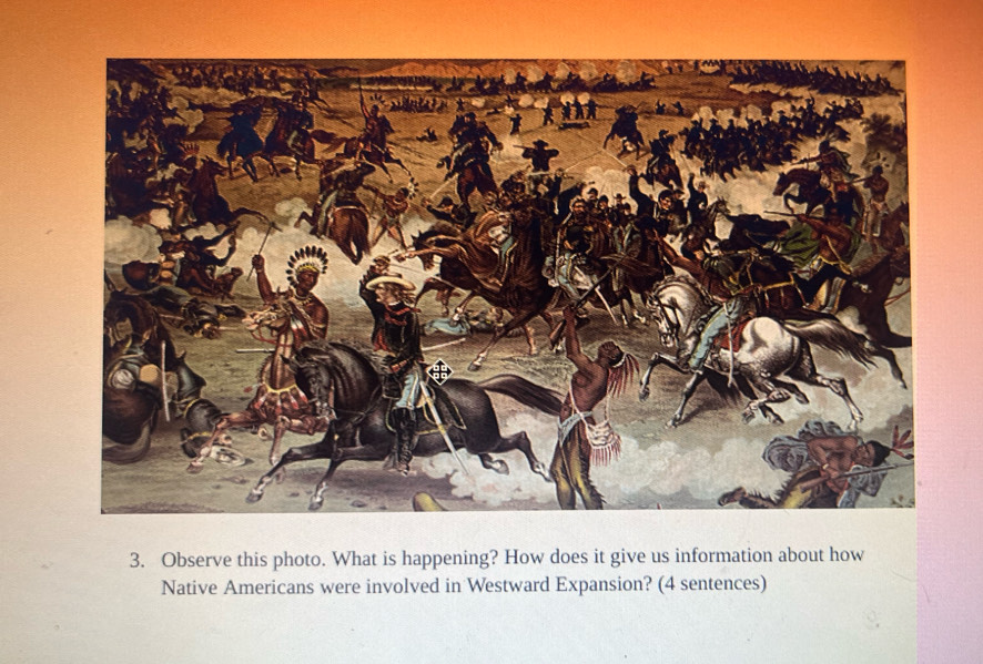 Observe this photo. What is happening? How does it give us information about how 
Native Americans were involved in Westward Expansion? (4 sentences)