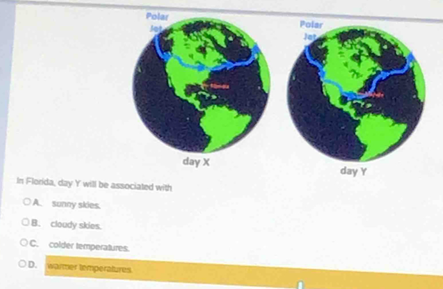 In Florida, day Y will be associated with
A. sunny skies.
B. cloudy skies.
C. colder temperatures.
D. warmer temperatures