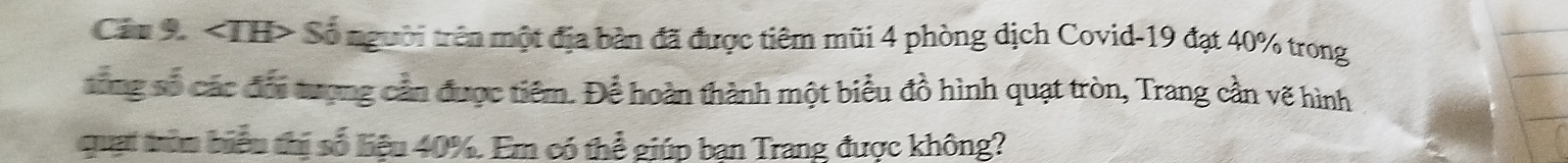 Ciu 9. TH> * Số người trên một địa bản đã được tiêm mũi 4 phòng dịch Covid- 19 đạt 40% trong 
tổng số các đổi tượng cần được tiêm. Để hoàn thành một biểu đồ hình quạt tròn, Trang cần vẽ hình 
quạt tròu biểu thị số liệu 40%. Em có thể giúp bạn Trang được không?