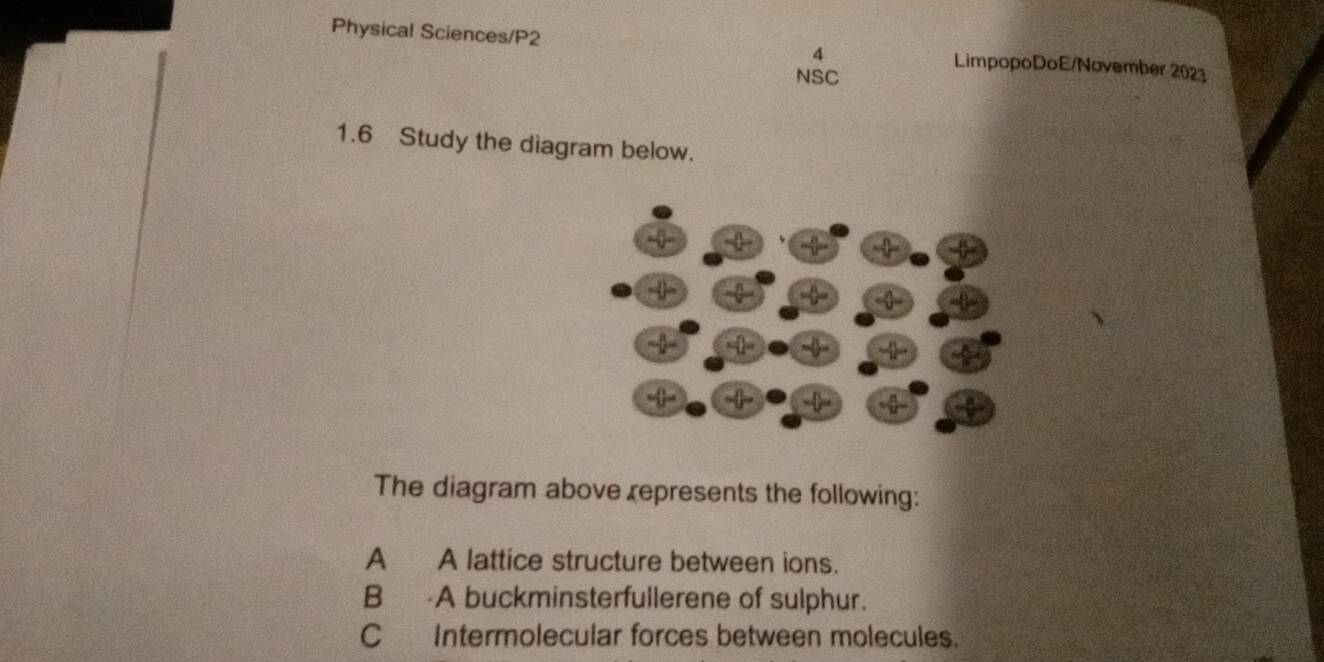 Physical Sciences/P2 LimpopoDoE/November 2023 
4 
NSC 
1.6 Study the diagram below. 
The diagram above represents the following: 
A A lattice structure between ions. 
B A buckminsterfullerene of sulphur. 
C Intermolecular forces between molecules.