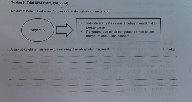 Soalan & (Trial SPM Putrajaya, 2024) 
Maklumat berikut berkaitan cngan satu sistem ekonomi negara X. 
Individu atau pihak swasta bebas memiliki faktor 
Negara X pengeluaran 
Pengguna dan pihak pengeluar berhak dalam 
membuat keputusan ekonomi 
Jelaskan kelebihan sistem ekonomi yang diamalkan oleh negara X. [4 markah] 
_ 
_ 
_ 
_ 
_ 
_ 
_ 
_