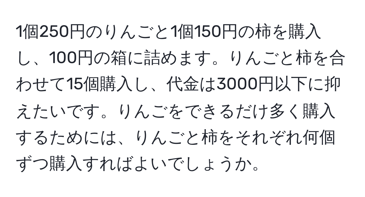 1個250円のりんごと1個150円の柿を購入し、100円の箱に詰めます。りんごと柿を合わせて15個購入し、代金は3000円以下に抑えたいです。りんごをできるだけ多く購入するためには、りんごと柿をそれぞれ何個ずつ購入すればよいでしょうか。