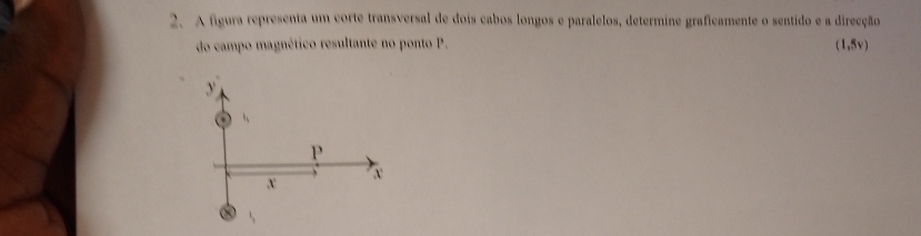 A figura representa um corte transversal de dois cabos longos e paralelos, determine graficamente o sentido e a direcção 
do campo magnético resultante no ponto P. (1,5v)
y
、
P
x
x