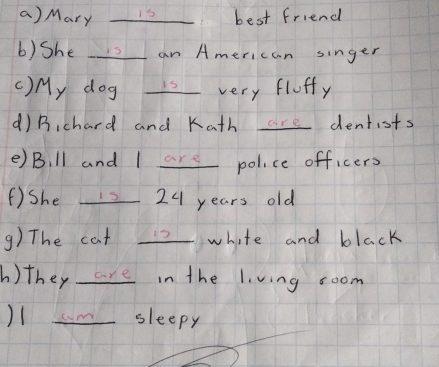 Mary _ 18 _best friend 
b)She _is an American singer 
() My dog is very fluffy 
()Bichard and Kath are dentists 
e) B.ll and I are police officers 
()She s24 years old 
g) The cat s white and black 
h) they are in the l.ving room 
)1 sleepy