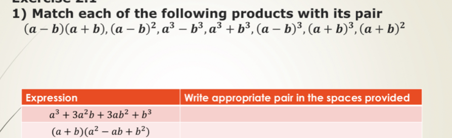 Match each of the following products with its pair
(a-b)(a+b),(a-b)^2,a^3-b^3,a^3+b^3,(a-b)^3,(a+b)^3,(a+b)^2