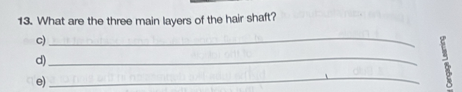 What are the three main layers of the hair shaft? 
c)_ 
d)_ 
e) 
_